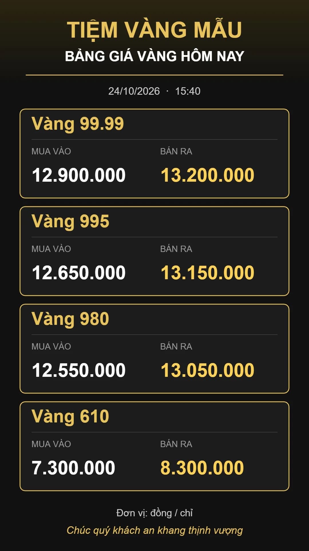 Giao diện bảng giá vàng trên tivi treo dọc nền đen vàng