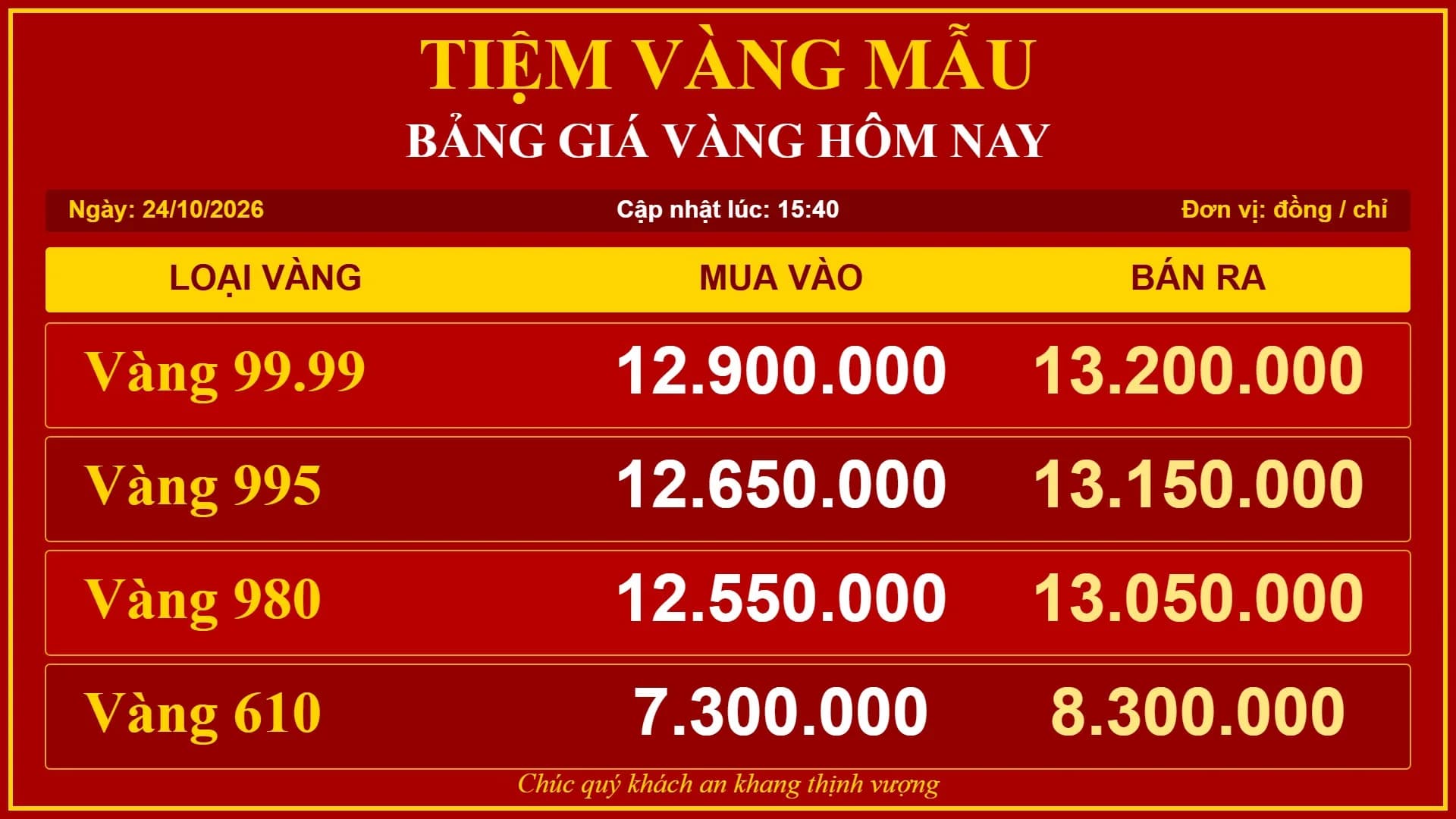 Giao diện bảng giá vàng trên tivi nền đỏ vàng