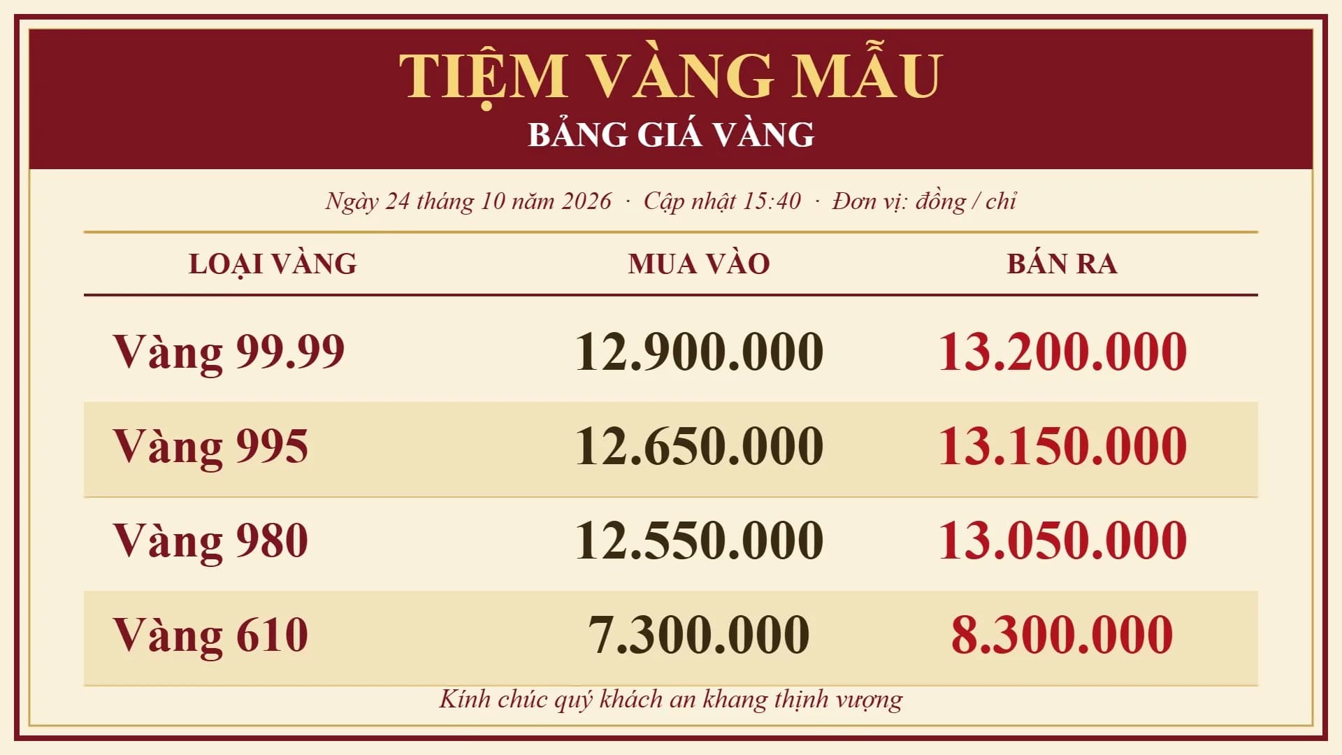 Giao diện bảng giá vàng trên tivi nền kem viền đỏ