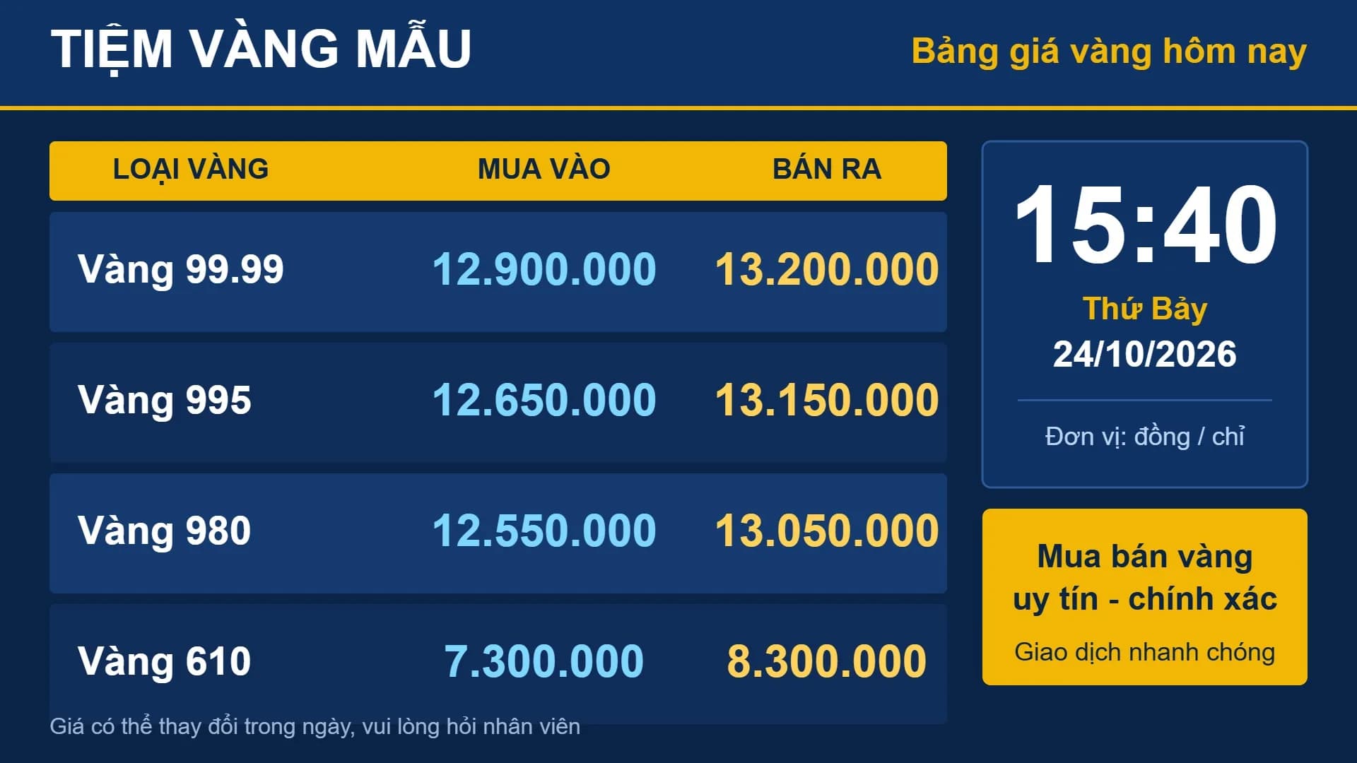 Giao diện bảng giá vàng trên tivi nền xanh có đồng hồ